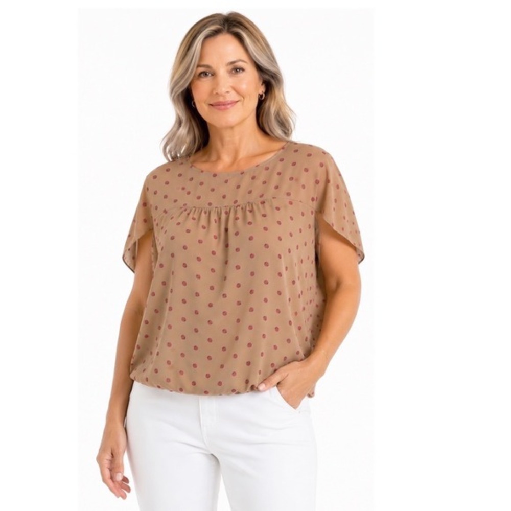 LOFT Tan Pink Polka Dot Split Sleeve Bubble Hem Blouse Top S Resortwear 50-72